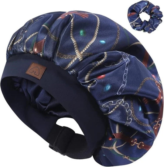 Hat Hut Adjustable Double-Lined Silky Satin Sleep Cap with Matching Scrunchie